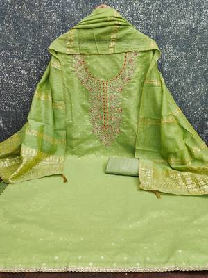 women's light green unstitched chanderi cotton dress material with emblished dupatta 2