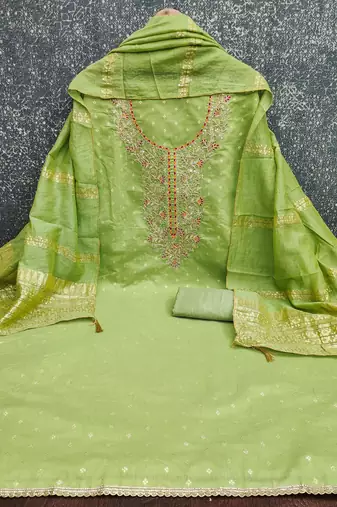 women's light green unstitched chanderi cotton dress material with emblished dupatta