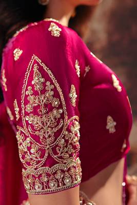 Rani pink fendy satin handwork motif work crystal beads work saree with blouse 3