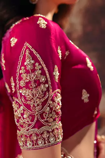 Rani pink fendy satin handwork motif work crystal beads work saree with blouse