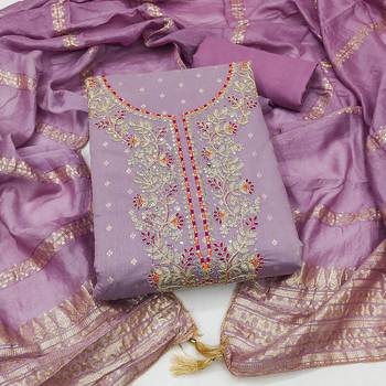 women's lavender unstitched chanderi cotton dress material with emblished dupatta 1