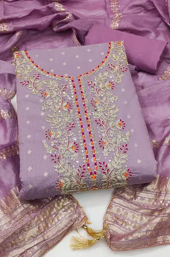 women's lavender unstitched chanderi cotton dress material with emblished dupatta