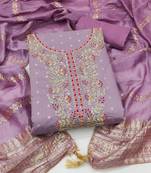 women's lavender unstitched chanderi cotton dress material with emblished dupatta