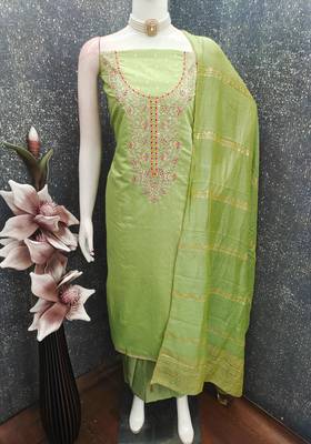 women's light green unstitched chanderi cotton dress material with emblished dupatta 3