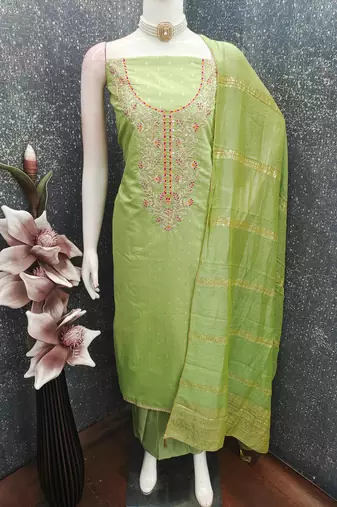 women's light green unstitched chanderi cotton dress material with emblished dupatta