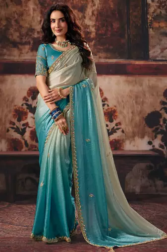 Aqua blue fendy satin handwork motif work crystal beads work saree with blouse