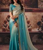 Aqua blue fendy satin handwork motif work crystal beads work saree with blouse