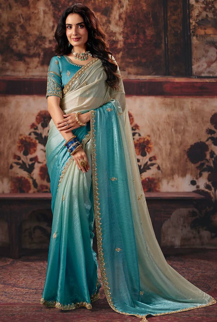Aqua blue fendy satin handwork motif work crystal beads work saree with blouse