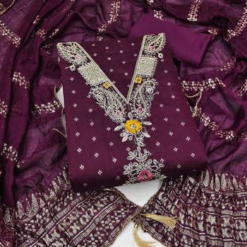 women's voilet unstitched chanderi cotton dress material with emblished dupatta 1