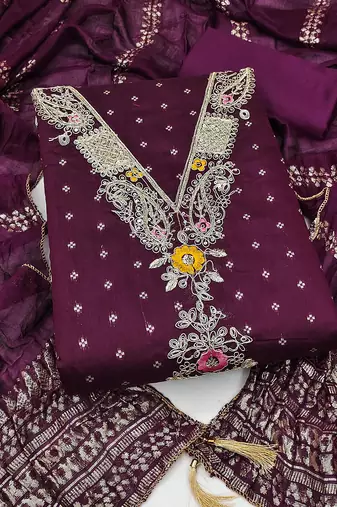 women's voilet unstitched chanderi cotton dress material with emblished dupatta