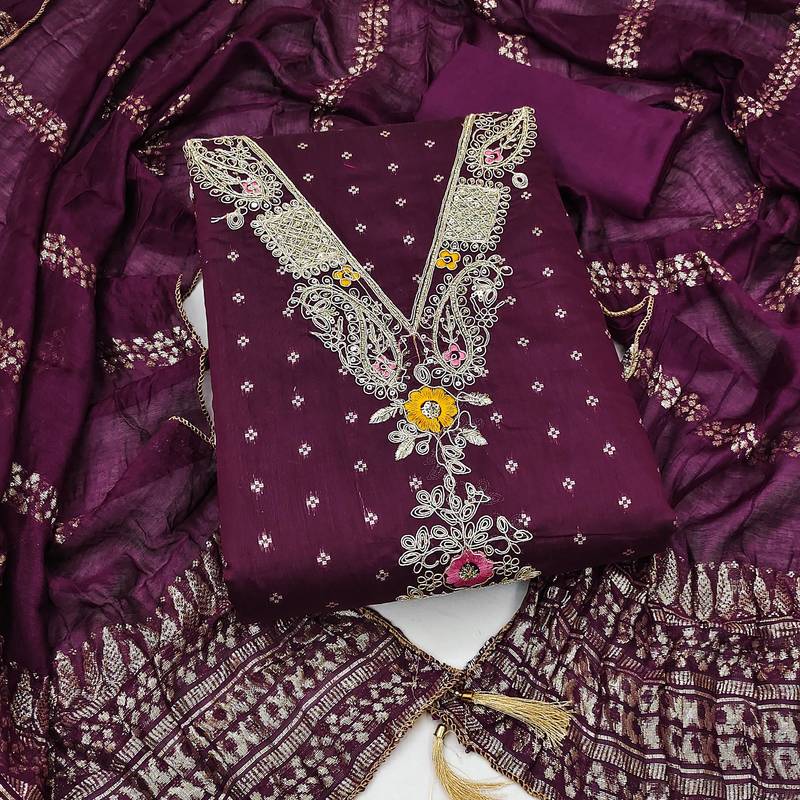 women's voilet unstitched chanderi cotton dress material with emblished dupatta