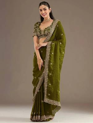 Delightful olive green tissue silk zari and sequins embroidered indian latest design party wear saree 2