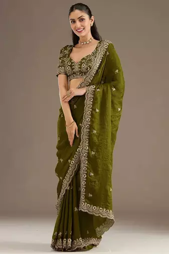 Delightful olive green tissue silk zari and sequins embroidered indian latest design party wear saree
