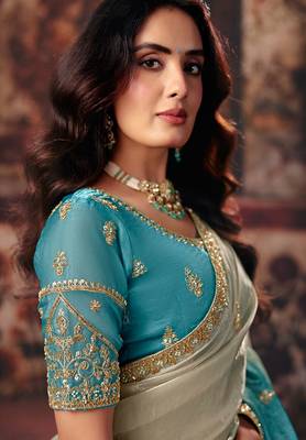 Aqua blue fendy satin handwork motif work crystal beads work saree with blouse 2
