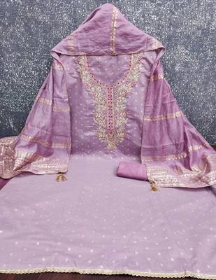 women's lavender unstitched chanderi cotton dress material with emblished dupatta 2
