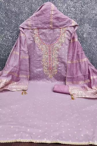 women's lavender unstitched chanderi cotton dress material with emblished dupatta