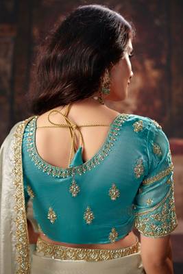 Aqua blue fendy satin handwork motif work crystal beads work saree with blouse 3