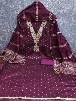 women's voilet unstitched chanderi cotton dress material with emblished dupatta 2