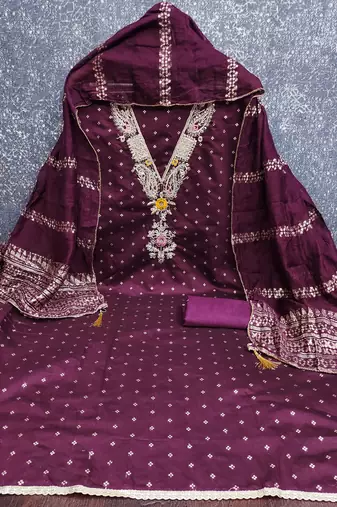 women's voilet unstitched chanderi cotton dress material with emblished dupatta
