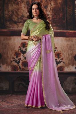 pista & pink fendy satin handwork motif work crystal beads work saree with blouse 1