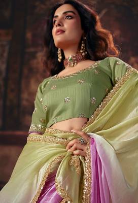 pista & pink fendy satin handwork motif work crystal beads work saree with blouse 2