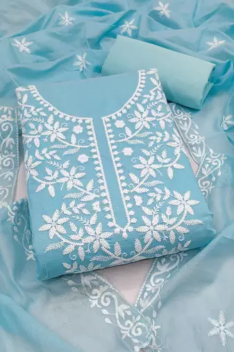 women's sky blue unstitched chanderi cotton dress material with embroidered dupatta