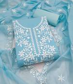 women's sky blue unstitched chanderi cotton dress material with embroidered dupatta