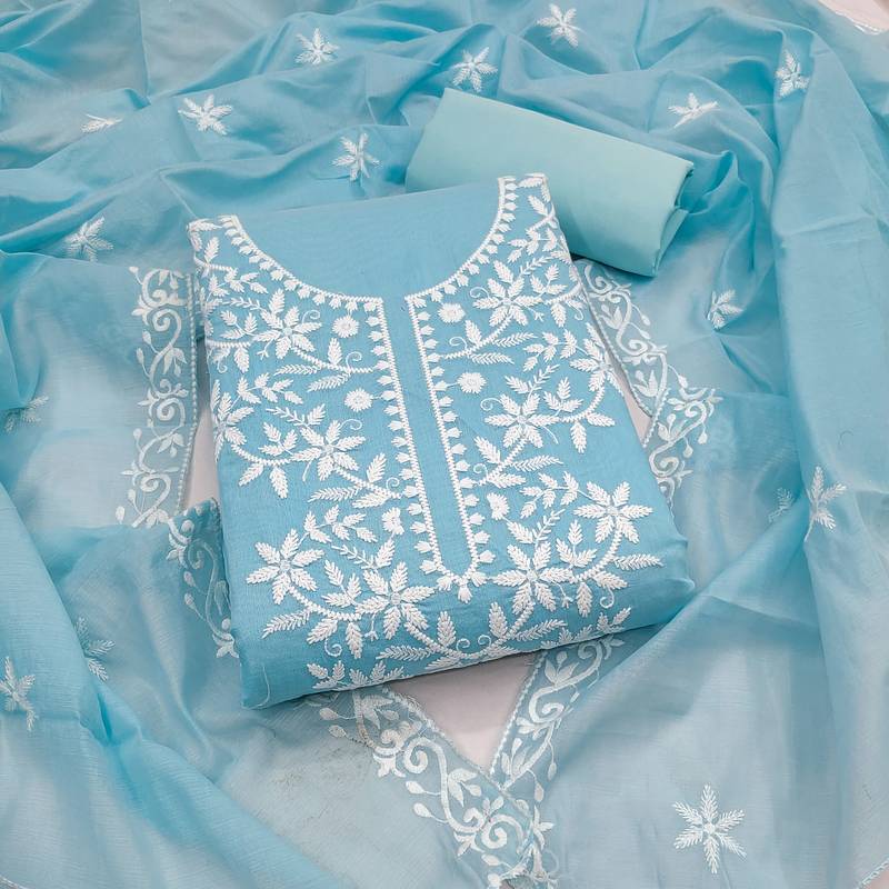 women's sky blue unstitched chanderi cotton dress material with embroidered dupatta