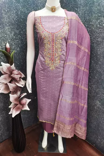women's lavender unstitched chanderi cotton dress material with emblished dupatta