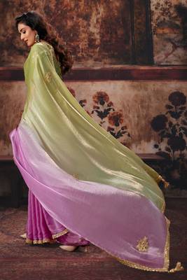 pista & pink fendy satin handwork motif work crystal beads work saree with blouse 3