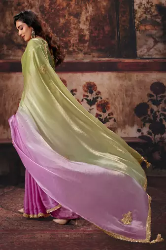 pista & pink fendy satin handwork motif work crystal beads work saree with blouse