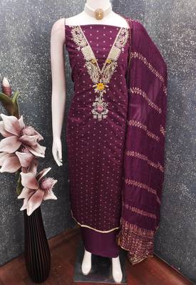 women's voilet unstitched chanderi cotton dress material with emblished dupatta 3