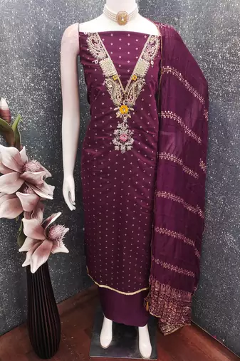women's voilet unstitched chanderi cotton dress material with emblished dupatta