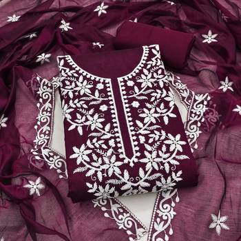 women's purple unstitched chanderi cotton dress material with embroidered dupatta 1