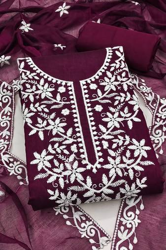 women's purple unstitched chanderi cotton dress material with embroidered dupatta