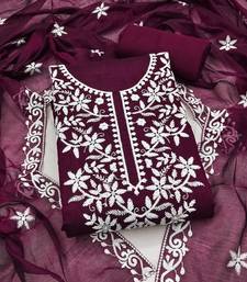 women's purple unstitched chanderi cotton dress material with embroidered dupatta