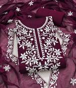 women's purple unstitched chanderi cotton dress material with embroidered dupatta