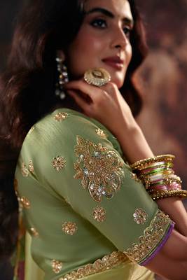 pista & pink fendy satin handwork motif work crystal beads work saree with blouse 4