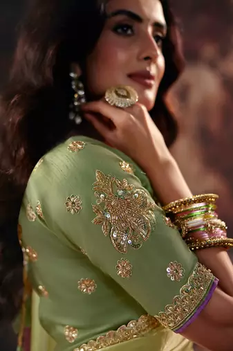 pista & pink fendy satin handwork motif work crystal beads work saree with blouse