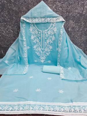 women's sky blue unstitched chanderi cotton dress material with embroidered dupatta 2