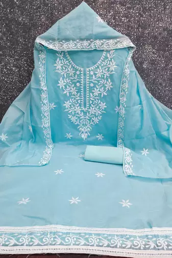 women's sky blue unstitched chanderi cotton dress material with embroidered dupatta