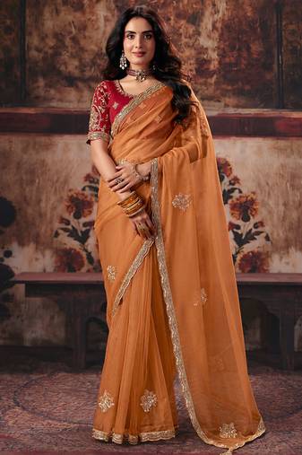Light orange organza handwork motif work crystal beads work saree with blouse