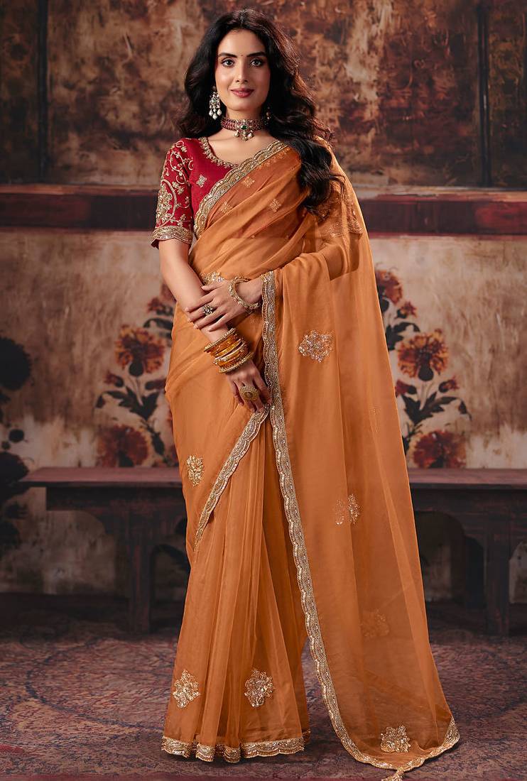Light orange organza handwork motif work crystal beads work saree with blouse