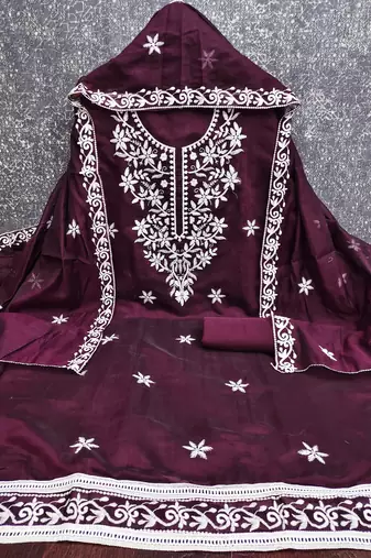 women's purple unstitched chanderi cotton dress material with embroidered dupatta