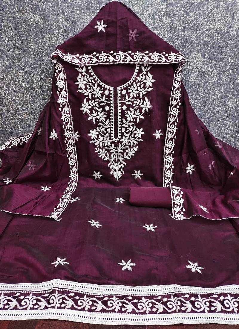 women's purple unstitched chanderi cotton dress material with embroidered dupatta