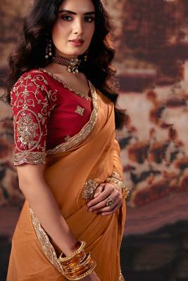 Light orange organza handwork motif work crystal beads work saree with blouse 2