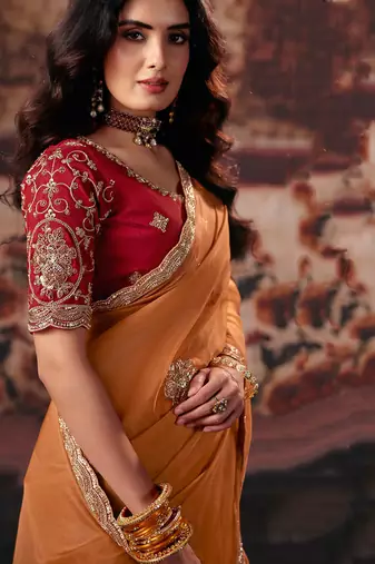 Light orange organza handwork motif work crystal beads work saree with blouse