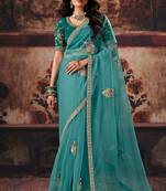 Light teal organza handwork motif work crystal beads work saree with blouse