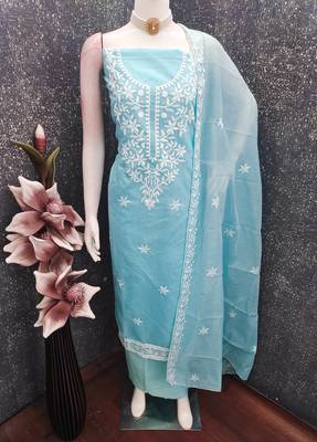 women's sky blue unstitched chanderi cotton dress material with embroidered dupatta 3