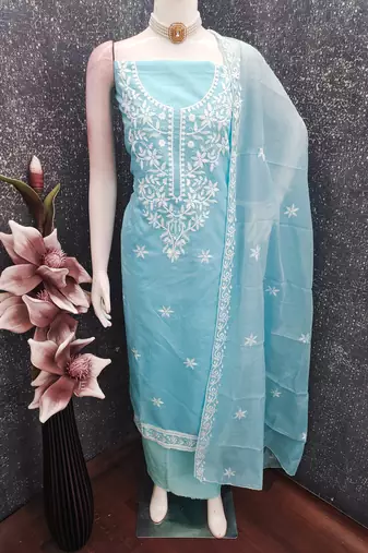 women's sky blue unstitched chanderi cotton dress material with embroidered dupatta